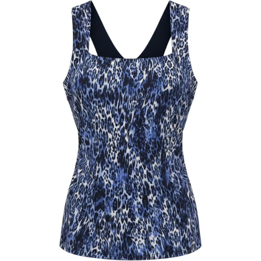 Cache Tank Top Large Blue Leopard Print Ruched Cutout Back Square Neck